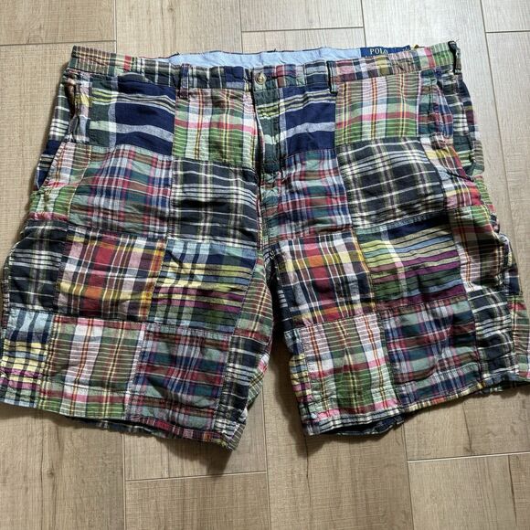 NICE Polo Ralph Lauren Patchwork Men's 42 Madras Multicolor Plaid Chino Shorts - Picture 1 of 7